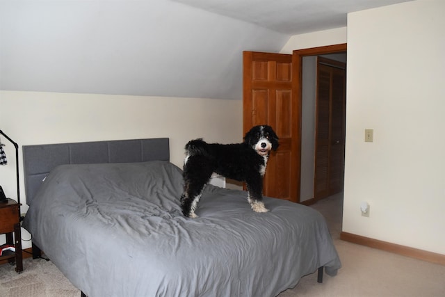 carpeted bedroom with lofted ceiling