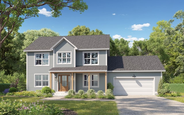 view of front of home with a garage, driveway, and a shingled roof