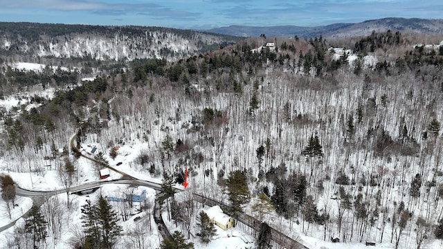 snowy aerial view featuring a mountain view