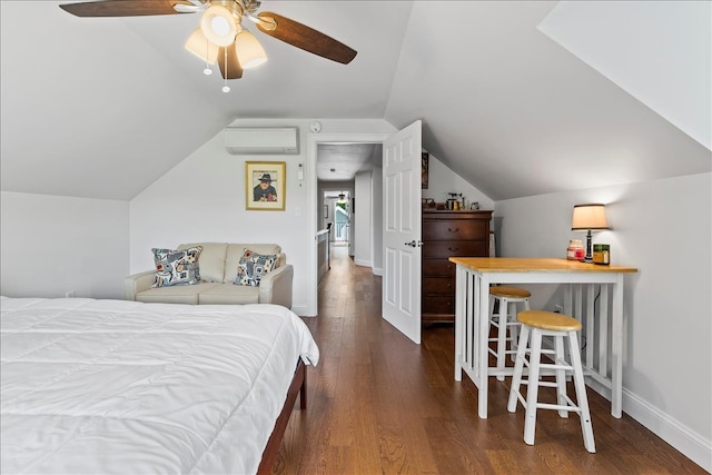 bedroom with lofted ceiling, a wall unit AC, dark hardwood / wood-style floors, and ceiling fan