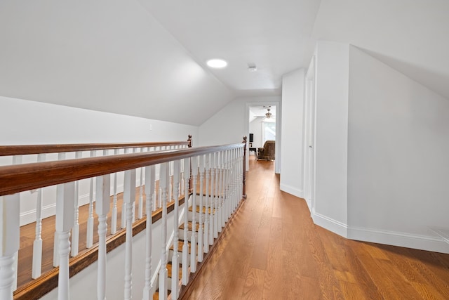 hall featuring lofted ceiling and hardwood / wood-style floors