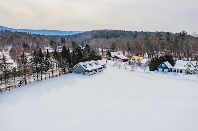 snowy aerial view featuring a mountain view