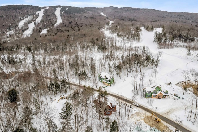 snowy aerial view with a mountain view