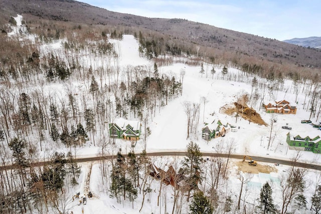 snowy aerial view with a mountain view