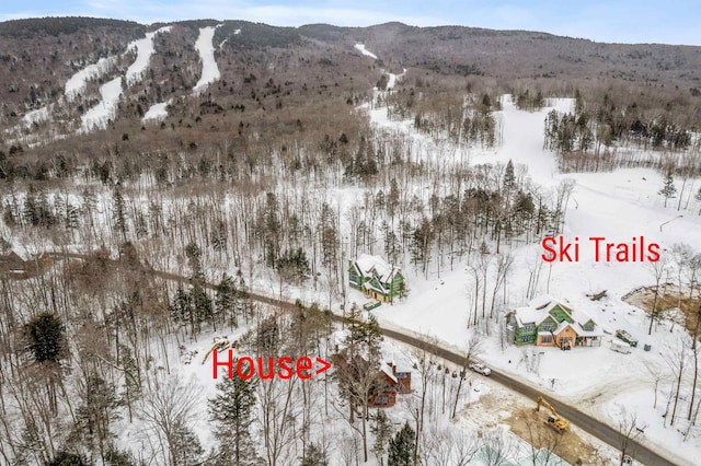 snowy aerial view featuring a mountain view