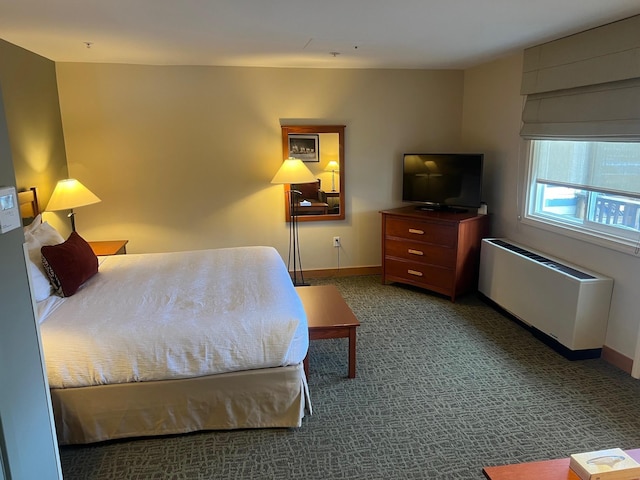 bedroom with carpet flooring and radiator