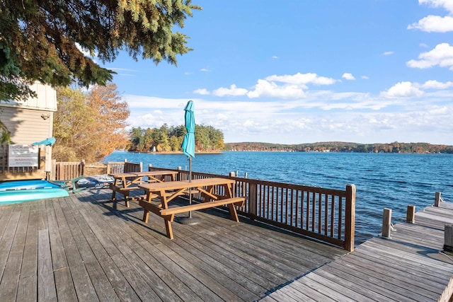 view of dock featuring a pool side deck with water view