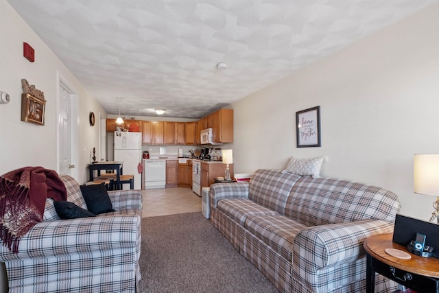 carpeted living room with a textured ceiling