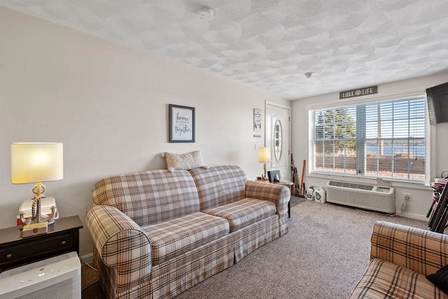 living room with carpet, a wall mounted air conditioner, and a textured ceiling