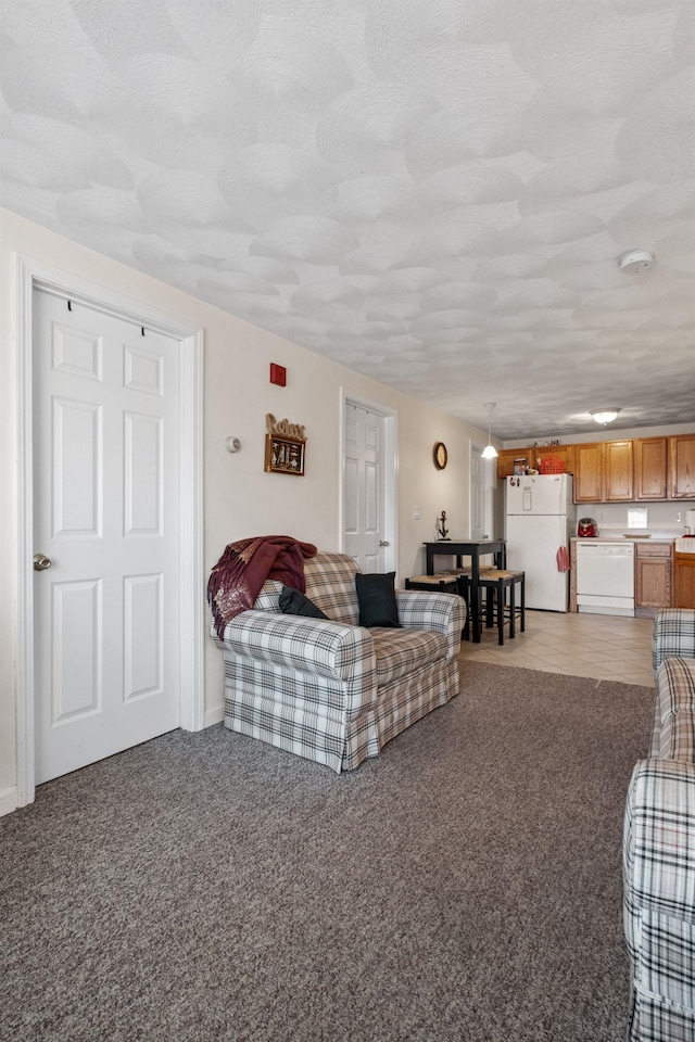 carpeted living room with a textured ceiling