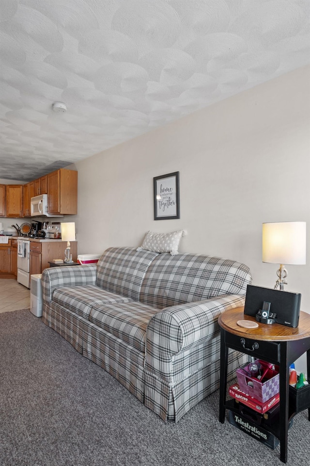 living room with light carpet and a textured ceiling