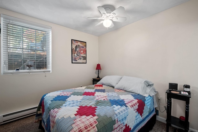 carpeted bedroom with ceiling fan and a baseboard radiator