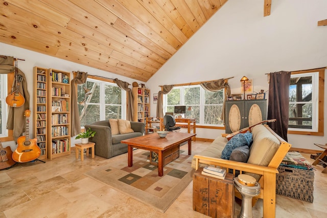 living room featuring wood ceiling, a wealth of natural light, and high vaulted ceiling