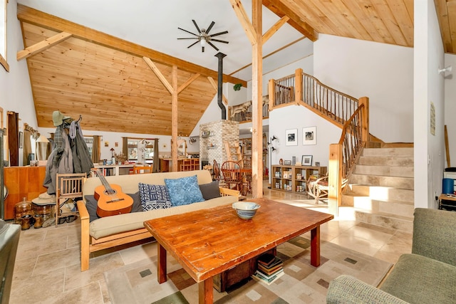 living room featuring beamed ceiling, ceiling fan, wooden ceiling, and high vaulted ceiling