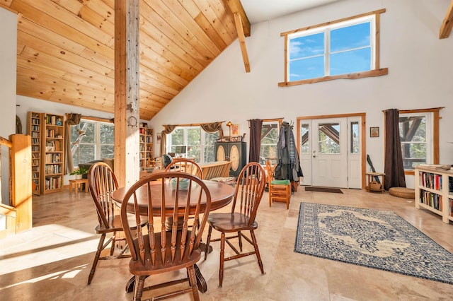 dining room featuring high vaulted ceiling, beam ceiling, and wooden ceiling