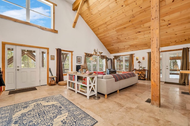 living room with wood ceiling and lofted ceiling with beams