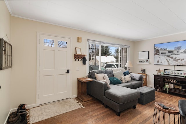 living room with ornamental molding and hardwood / wood-style floors