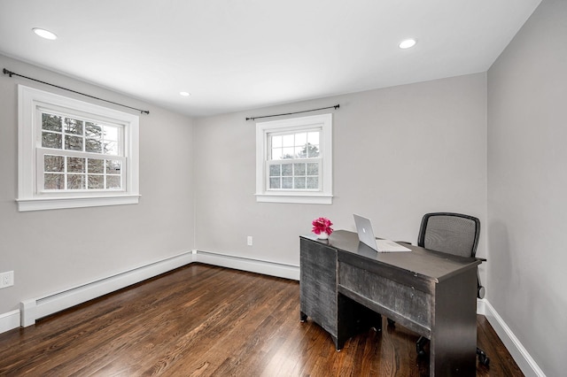 office space featuring a baseboard radiator and dark wood-type flooring