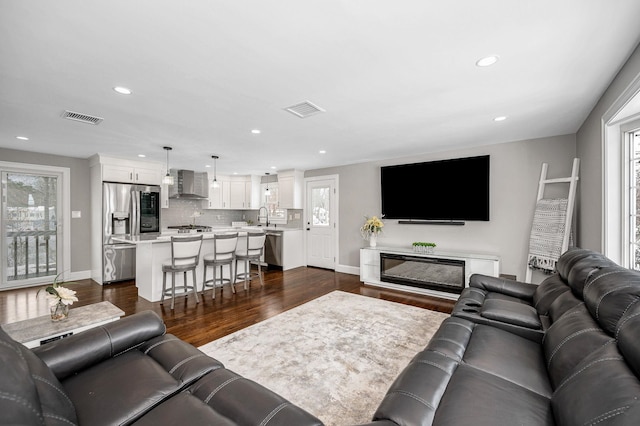 living room featuring sink and dark hardwood / wood-style floors