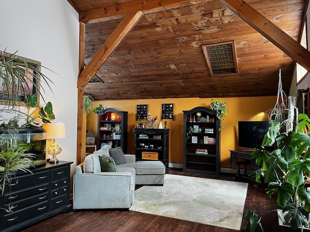 living room featuring vaulted ceiling with beams, wooden ceiling, and dark wood finished floors