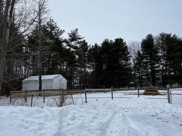 yard covered in snow featuring fence