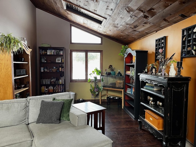 sitting room featuring vaulted ceiling, dark wood-style flooring, and wood ceiling