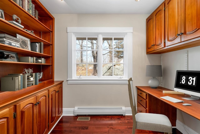 office space featuring a baseboard heating unit and dark hardwood / wood-style flooring