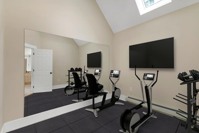 exercise area featuring a skylight and high vaulted ceiling