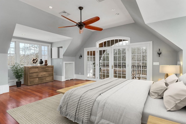 bedroom with lofted ceiling, ceiling fan, dark hardwood / wood-style flooring, access to outside, and french doors