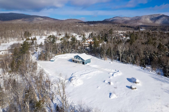 snowy aerial view featuring a mountain view