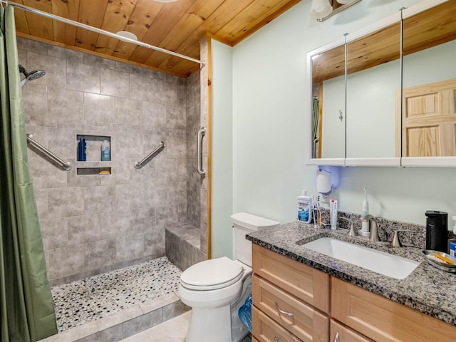 bathroom featuring vanity, wood ceiling, toilet, and a shower with curtain