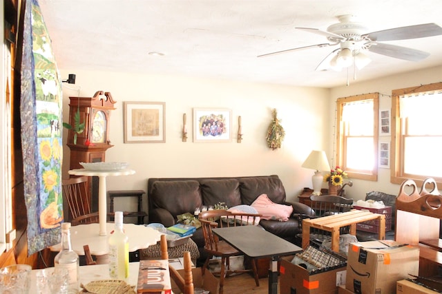 living room featuring hardwood / wood-style flooring and ceiling fan