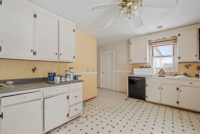 kitchen with white cabinetry, ceiling fan, and black dishwasher