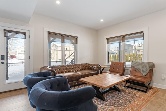 living room with a healthy amount of sunlight and light hardwood / wood-style floors