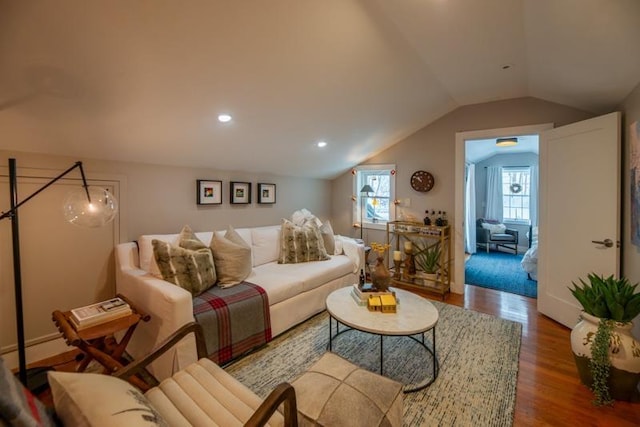 living room with vaulted ceiling and wood-type flooring