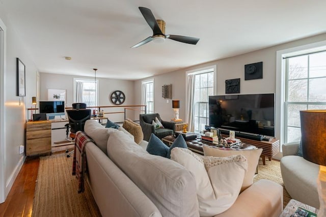 living room with ceiling fan, plenty of natural light, and wood-type flooring