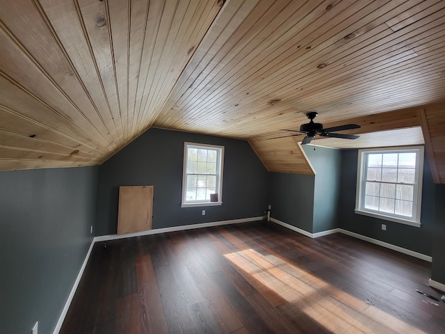 bonus room featuring lofted ceiling, dark hardwood / wood-style floors, and wood ceiling