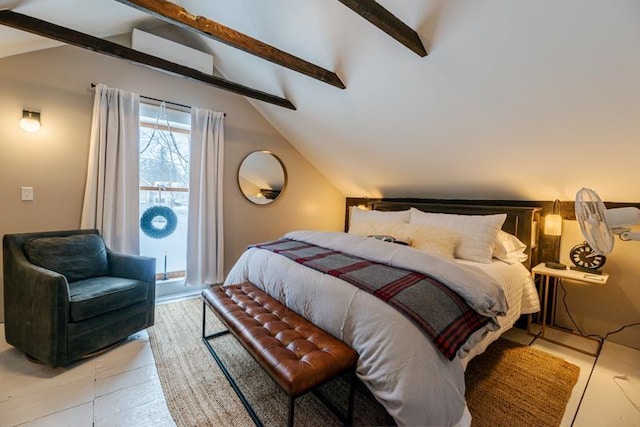 bedroom featuring vaulted ceiling with beams