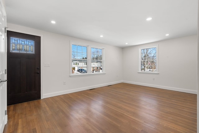 foyer entrance with wood-type flooring and a wealth of natural light