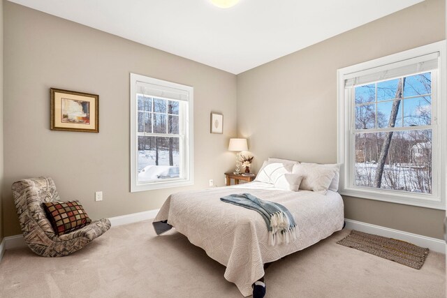 bedroom with light carpet