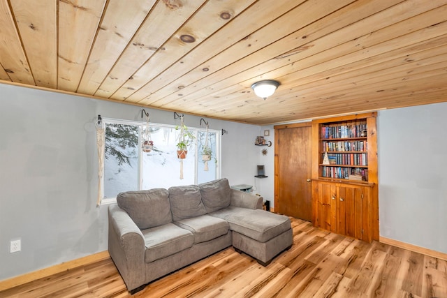 living room featuring light wood-type flooring and wooden ceiling