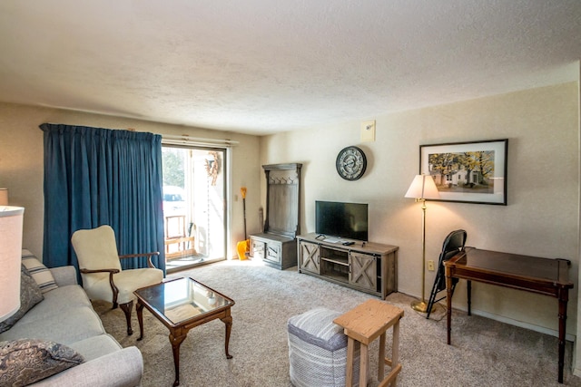 living room with carpet and a textured ceiling