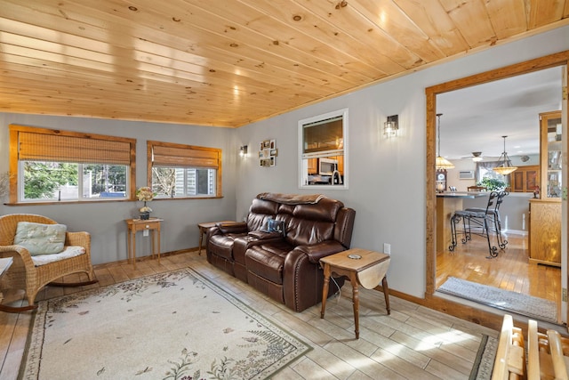 living room featuring light hardwood / wood-style floors and wooden ceiling