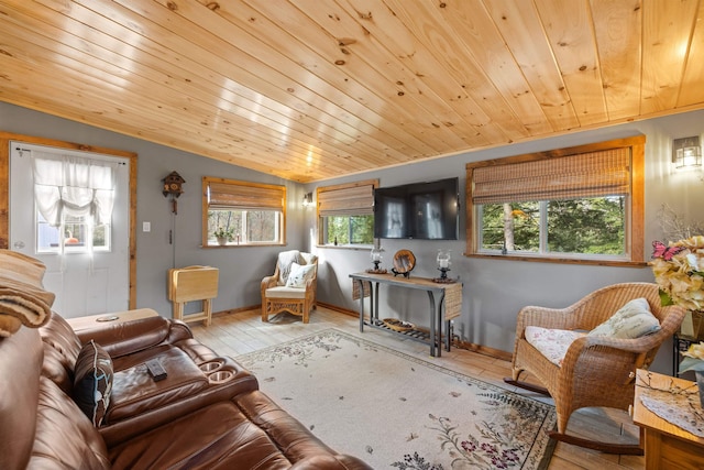 living room with lofted ceiling and wood ceiling