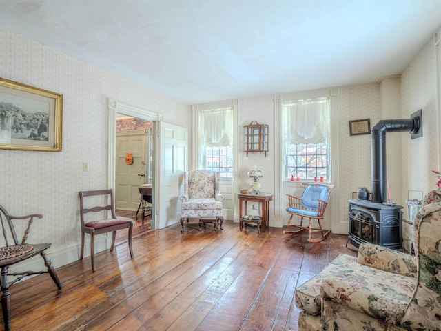 living area featuring hardwood / wood-style floors and a wood stove