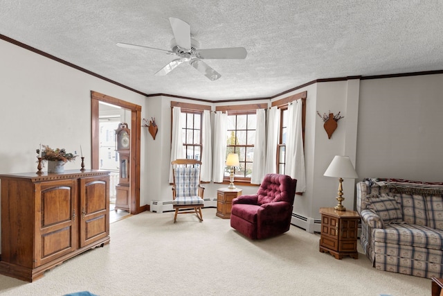 living area featuring light carpet, a baseboard heating unit, and ornamental molding