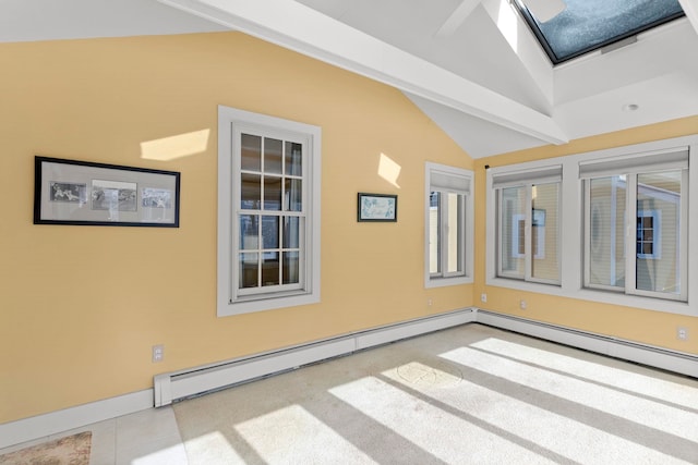 tiled empty room featuring baseboard heating and lofted ceiling with beams