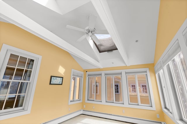 spare room with ceiling fan, vaulted ceiling with beams, a baseboard heating unit, and a healthy amount of sunlight