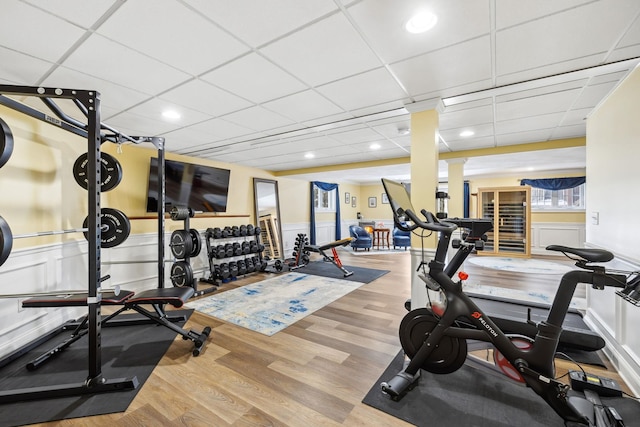 exercise room featuring a drop ceiling and hardwood / wood-style floors