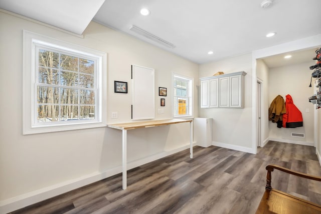 interior space with dark hardwood / wood-style floors